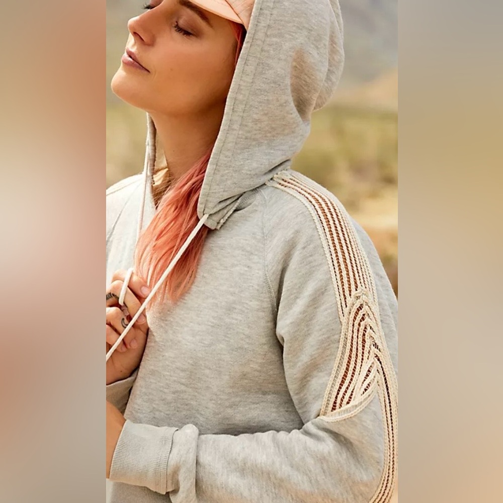 FP Movement by Free People Light Gray Hoodie with Cream Macrame Trim